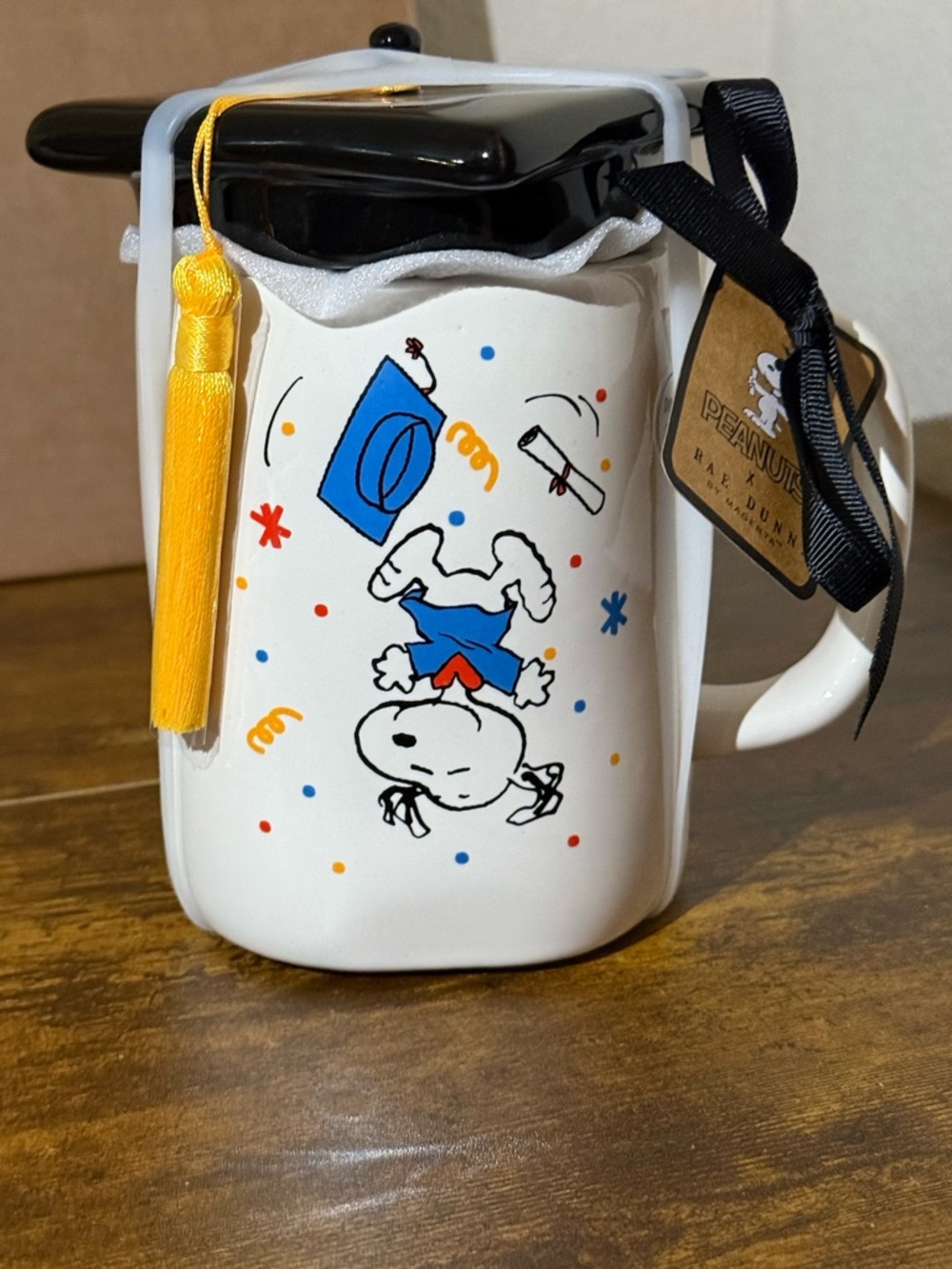 Rae Dunn Peanuts White Ceramic 'Dream Big' Mug with Black Cap & Tassel - Picture 3 of 6